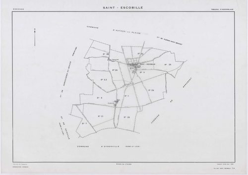 SAINT-ESCOBILLE, plans minutes de conservation : tableau d'assemblage, 1933, Ech. 1/10000 ; plans des section C1, 1933, Ech. 1/1250, sections S, T, X, Y, Z2, 1956, Ech. 1/2000, section ZA, 1994, Ech. 1/2000, sections ZB, ZC, ZD, ZH, ZI, ZK, 1998, Ech. 1/2