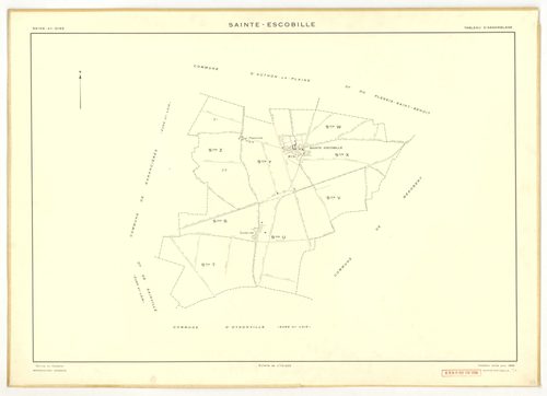Plans minutes de conservation : SAINT-ESCOBILLE : sections A1, A2, B1, B2, D, ech. 1/2500 (1933-1936), section C1, ech. 1/1250 (1933) ; tableau d'assemblage, ech. 1/10000 (1956), sections S, T, U, V, W, X, Y, Z1, Z2, ech. 1/2000 (1956), NB, papier, 105x80