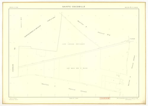 Plans minutes de conservation : SAINT-ESCOBILLE : sections A1, A2, B1, B2, D, ech. 1/2500 (1933-1936), section C1, ech. 1/1250 (1933) ; tableau d'assemblage, ech. 1/10000 (1956), sections S, T, U, V, W, X, Y, Z1, Z2, ech. 1/2000 (1956), NB, papier, 105x80