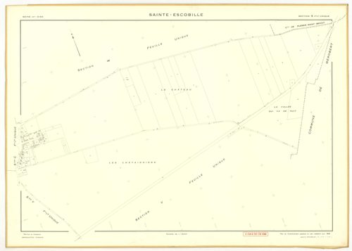 Plans minutes de conservation : SAINT-ESCOBILLE : sections A1, A2, B1, B2, D, ech. 1/2500 (1933-1936), section C1, ech. 1/1250 (1933) ; tableau d'assemblage, ech. 1/10000 (1956), sections S, T, U, V, W, X, Y, Z1, Z2, ech. 1/2000 (1956), NB, papier, 105x80