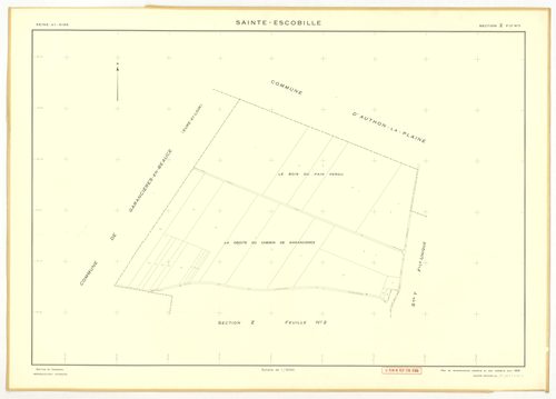 Plans minutes de conservation : SAINT-ESCOBILLE : sections A1, A2, B1, B2, D, ech. 1/2500 (1933-1936), section C1, ech. 1/1250 (1933) ; tableau d'assemblage, ech. 1/10000 (1956), sections S, T, U, V, W, X, Y, Z1, Z2, ech. 1/2000 (1956), NB, papier, 105x80