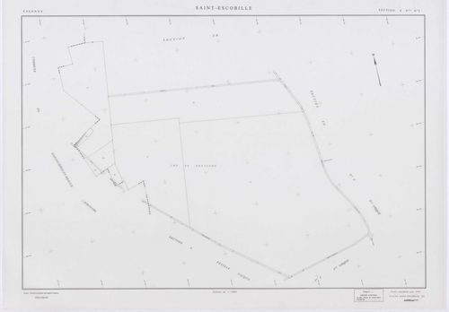 SAINT-ESCOBILLE, plans minutes de conservation : tableau d'assemblage, 1933, Ech. 1/10000 ; plans des section C1, 1933, Ech. 1/1250, sections S, T, X, Y, Z2, 1956, Ech. 1/2000, section ZA, 1994, Ech. 1/2000, sections ZB, ZC, ZD, ZH, ZI, ZK, 1998, Ech. 1/2