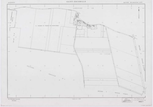 SAINT-ESCOBILLE, plans minutes de conservation : tableau d'assemblage, 1933, Ech. 1/10000 ; plans des section C1, 1933, Ech. 1/1250, sections S, T, X, Y, Z2, 1956, Ech. 1/2000, section ZA, 1994, Ech. 1/2000, sections ZB, ZC, ZD, ZH, ZI, ZK, 1998, Ech. 1/2