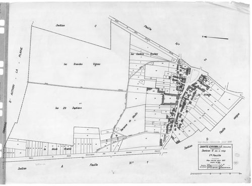SAINT-ESCOBILLE. - Cadastre révisé pour 1933 : plan du tableau d'assemblage, plans de la section A Paponville 1ère feuille, idem 2ème feuille, section B Guillerville 1ère feuille, idem 2ème feuille, section C le Village 1ère feuille, idem 2ème feuille, se