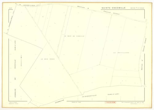 Plans minutes de conservation : SAINT-ESCOBILLE : sections A1, A2, B1, B2, D, ech. 1/2500 (1933-1936), section C1, ech. 1/1250 (1933) ; tableau d'assemblage, ech. 1/10000 (1956), sections S, T, U, V, W, X, Y, Z1, Z2, ech. 1/2000 (1956), NB, papier, 105x80