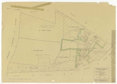Plans minutes de conservation : SAINT-ESCOBILLE : sections A1, A2, B1, B2, D, ech. 1/2500 (1933-1936), section C1, ech. 1/1250 (1933) ; tableau d'assemblage, ech. 1/10000 (1956), sections S, T, U, V, W, X, Y, Z1, Z2, ech. 1/2000 (1956), NB, papier, 105x80