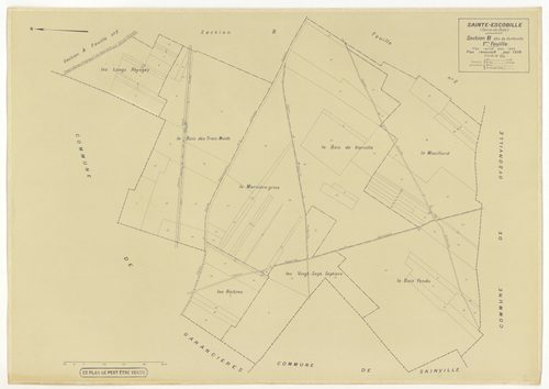 Plans minutes de conservation : SAINT-ESCOBILLE : sections A1, A2, B1, B2, D, ech. 1/2500 (1933-1936), section C1, ech. 1/1250 (1933) ; tableau d'assemblage, ech. 1/10000 (1956), sections S, T, U, V, W, X, Y, Z1, Z2, ech. 1/2000 (1956), NB, papier, 105x80
