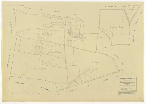 Plans minutes de conservation : SAINT-ESCOBILLE : sections A1, A2, B1, B2, D, ech. 1/2500 (1933-1936), section C1, ech. 1/1250 (1933) ; tableau d'assemblage, ech. 1/10000 (1956), sections S, T, U, V, W, X, Y, Z1, Z2, ech. 1/2000 (1956), NB, papier, 105x80