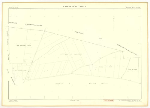 Plans minutes de conservation : SAINT-ESCOBILLE : sections A1, A2, B1, B2, D, ech. 1/2500 (1933-1936), section C1, ech. 1/1250 (1933) ; tableau d'assemblage, ech. 1/10000 (1956), sections S, T, U, V, W, X, Y, Z1, Z2, ech. 1/2000 (1956), NB, papier, 105x80