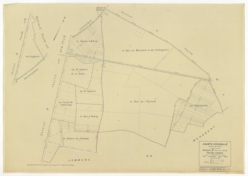 Plans minutes de conservation : SAINT-ESCOBILLE : sections A1, A2, B1, B2, D, ech. 1/2500 (1933-1936), section C1, ech. 1/1250 (1933) ; tableau d'assemblage, ech. 1/10000 (1956), sections S, T, U, V, W, X, Y, Z1, Z2, ech. 1/2000 (1956), NB, papier, 105x80
