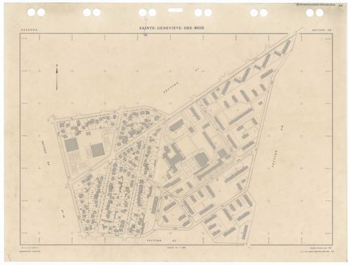 SAINTE-GENEVIEVE-DES-BOIS, plans minutes de conservation : tableau d'assemblage,1988, Ech. 1/5000 ; plans des sections AA, 1988, Ech. 1/2000, sections AB, AC, AD, AE, AH, AI, AK, AL, AM, AN, AO, AP, AR, AS, AT, AV, AW, AX, AY, AZ, BA, BB, BC, BD, BE, BH, 