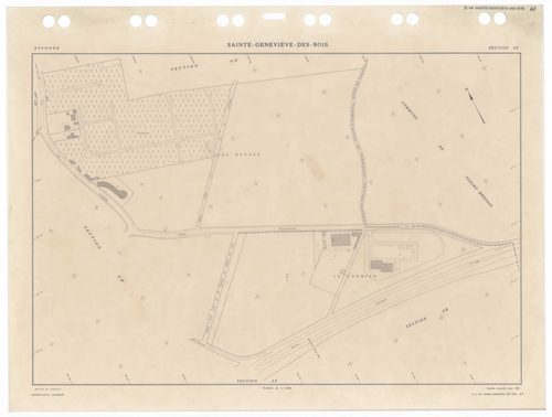 SAINTE-GENEVIEVE-DES-BOIS, plans minutes de conservation : tableau d'assemblage,1988, Ech. 1/5000 ; plans des sections AA, 1988, Ech. 1/2000, sections AB, AC, AD, AE, AH, AI, AK, AL, AM, AN, AO, AP, AR, AS, AT, AV, AW, AX, AY, AZ, BA, BB, BC, BD, BE, BH, 