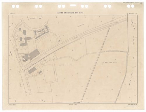 SAINTE-GENEVIEVE-DES-BOIS, plans minutes de conservation : tableau d'assemblage,1988, Ech. 1/5000 ; plans des sections AA, 1988, Ech. 1/2000, sections AB, AC, AD, AE, AH, AI, AK, AL, AM, AN, AO, AP, AR, AS, AT, AV, AW, AX, AY, AZ, BA, BB, BC, BD, BE, BH, 