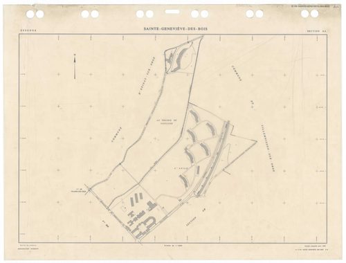 SAINTE-GENEVIEVE-DES-BOIS, plans minutes de conservation : tableau d'assemblage,1988, Ech. 1/5000 ; plans des sections AA, 1988, Ech. 1/2000, sections AB, AC, AD, AE, AH, AI, AK, AL, AM, AN, AO, AP, AR, AS, AT, AV, AW, AX, AY, AZ, BA, BB, BC, BD, BE, BH, 