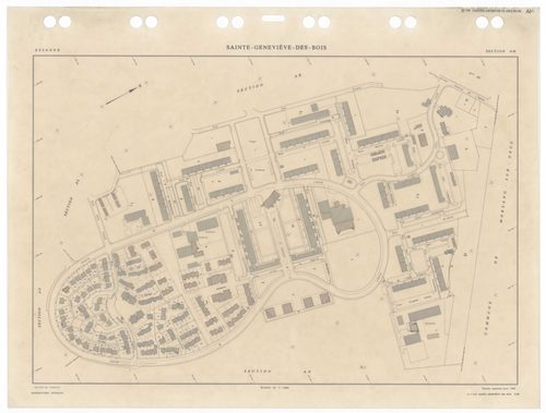 SAINTE-GENEVIEVE-DES-BOIS, plans minutes de conservation : tableau d'assemblage,1988, Ech. 1/5000 ; plans des sections AA, 1988, Ech. 1/2000, sections AB, AC, AD, AE, AH, AI, AK, AL, AM, AN, AO, AP, AR, AS, AT, AV, AW, AX, AY, AZ, BA, BB, BC, BD, BE, BH, 