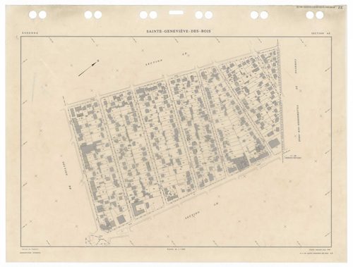 SAINTE-GENEVIEVE-DES-BOIS, plans minutes de conservation : tableau d'assemblage,1988, Ech. 1/5000 ; plans des sections AA, 1988, Ech. 1/2000, sections AB, AC, AD, AE, AH, AI, AK, AL, AM, AN, AO, AP, AR, AS, AT, AV, AW, AX, AY, AZ, BA, BB, BC, BD, BE, BH, 