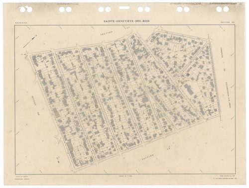 SAINTE-GENEVIEVE-DES-BOIS, plans minutes de conservation : tableau d'assemblage,1988, Ech. 1/5000 ; plans des sections AA, 1988, Ech. 1/2000, sections AB, AC, AD, AE, AH, AI, AK, AL, AM, AN, AO, AP, AR, AS, AT, AV, AW, AX, AY, AZ, BA, BB, BC, BD, BE, BH, 