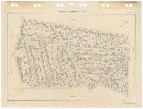 SAINTE-GENEVIEVE-DES-BOIS, plans minutes de conservation : tableau d'assemblage,1988, Ech. 1/5000 ; plans des sections AA, 1988, Ech. 1/2000, sections AB, AC, AD, AE, AH, AI, AK, AL, AM, AN, AO, AP, AR, AS, AT, AV, AW, AX, AY, AZ, BA, BB, BC, BD, BE, BH, 