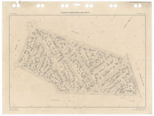 SAINTE-GENEVIEVE-DES-BOIS, plans minutes de conservation : tableau d'assemblage,1988, Ech. 1/5000 ; plans des sections AA, 1988, Ech. 1/2000, sections AB, AC, AD, AE, AH, AI, AK, AL, AM, AN, AO, AP, AR, AS, AT, AV, AW, AX, AY, AZ, BA, BB, BC, BD, BE, BH, 