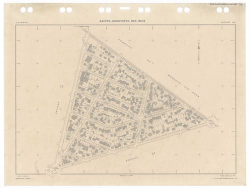 SAINTE-GENEVIEVE-DES-BOIS, plans minutes de conservation : tableau d'assemblage,1988, Ech. 1/5000 ; plans des sections AA, 1988, Ech. 1/2000, sections AB, AC, AD, AE, AH, AI, AK, AL, AM, AN, AO, AP, AR, AS, AT, AV, AW, AX, AY, AZ, BA, BB, BC, BD, BE, BH, 
