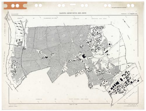SAINTE-GENEVIEVE-DES-BOIS, plans minutes de conservation : tableau d'assemblage,1988, Ech. 1/5000 ; plans des sections AA, 1988, Ech. 1/2000, sections AB, AC, AD, AE, AH, AI, AK, AL, AM, AN, AO, AP, AR, AS, AT, AV, AW, AX, AY, AZ, BA, BB, BC, BD, BE, BH, 