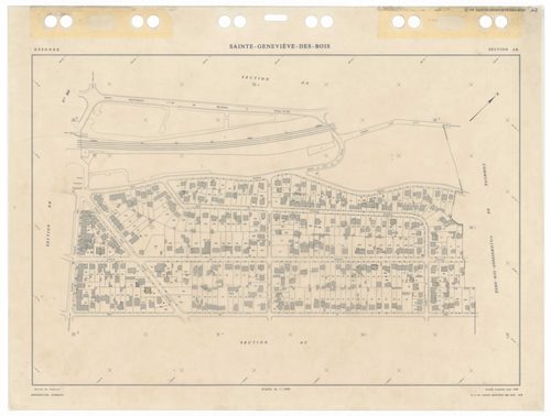 SAINTE-GENEVIEVE-DES-BOIS, plans minutes de conservation : tableau d'assemblage,1988, Ech. 1/5000 ; plans des sections AA, 1988, Ech. 1/2000, sections AB, AC, AD, AE, AH, AI, AK, AL, AM, AN, AO, AP, AR, AS, AT, AV, AW, AX, AY, AZ, BA, BB, BC, BD, BE, BH, 