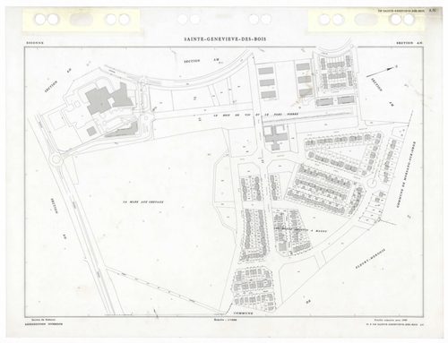 SAINTE-GENEVIEVE-DES-BOIS, plans minutes de conservation : tableau d'assemblage,1988, Ech. 1/5000 ; plans des sections AA, 1988, Ech. 1/2000, sections AB, AC, AD, AE, AH, AI, AK, AL, AM, AN, AO, AP, AR, AS, AT, AV, AW, AX, AY, AZ, BA, BB, BC, BD, BE, BH, 