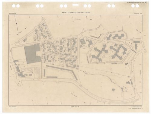 SAINTE-GENEVIEVE-DES-BOIS, plans minutes de conservation : tableau d'assemblage,1988, Ech. 1/5000 ; plans des sections AA, 1988, Ech. 1/2000, sections AB, AC, AD, AE, AH, AI, AK, AL, AM, AN, AO, AP, AR, AS, AT, AV, AW, AX, AY, AZ, BA, BB, BC, BD, BE, BH, 