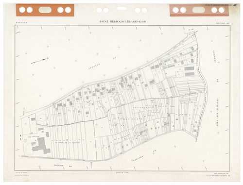 SAINT-GERMAIN-LES-ARPAJON, plans minutes de conservation : tableau d'assemblage,1986, Ech. 1/5000 ; plans des sections AA, AB, AC, AD, AE, AH, AI, AK, AL, AM, AN, AO, AP, AR, AS, AT, AV, AW, AX, AY, BA, BB, BC, BD, BE, 1986, Ech. 1/1000. Polyester. N et B
