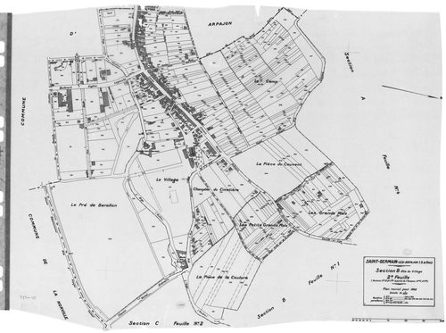 SAINT-GERMAIN-LES- ARPAJON. - Cadastre révisé pour 1942 : plan du tableau d'assemblage, plans de la section A la Folie 1ère feuille, idem 2ème feuille, idem 4ème feuille, section B le Village 1ère feuille, idem 2ème feuille, section C Fourcan 1ère feuille