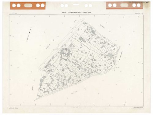 SAINT-GERMAIN-LES-ARPAJON, plans minutes de conservation : tableau d'assemblage,1986, Ech. 1/5000 ; plans des sections AA, AB, AC, AD, AE, AH, AI, AK, AL, AM, AN, AO, AP, AR, AS, AT, AV, AW, AX, AY, BA, BB, BC, BD, BE, 1986, Ech. 1/1000. Polyester. N et B
