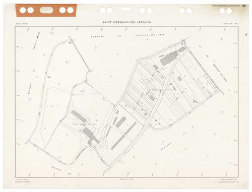 SAINT-GERMAIN-LES-ARPAJON, plans minutes de conservation : tableau d'assemblage,1986, Ech. 1/5000 ; plans des sections AA, AB, AC, AD, AE, AH, AI, AK, AL, AM, AN, AO, AP, AR, AS, AT, AV, AW, AX, AY, BA, BB, BC, BD, BE, 1986, Ech. 1/1000. Polyester. N et B