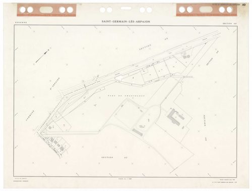 SAINT-GERMAIN-LES-ARPAJON, plans minutes de conservation : tableau d'assemblage,1986, Ech. 1/5000 ; plans des sections AA, AB, AC, AD, AE, AH, AI, AK, AL, AM, AN, AO, AP, AR, AS, AT, AV, AW, AX, AY, BA, BB, BC, BD, BE, 1986, Ech. 1/1000. Polyester. N et B