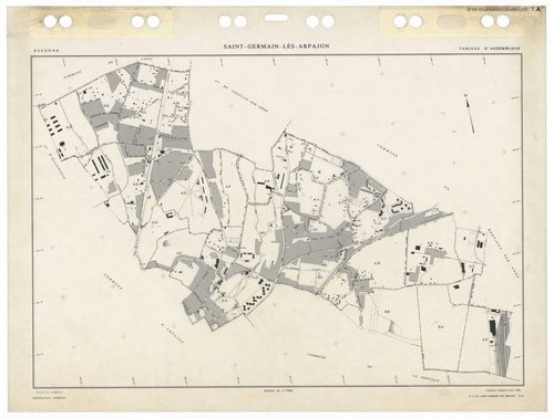 SAINT-GERMAIN-LES-ARPAJON, plans minutes de conservation : tableau d'assemblage,1986, Ech. 1/5000 ; plans des sections AA, AB, AC, AD, AE, AH, AI, AK, AL, AM, AN, AO, AP, AR, AS, AT, AV, AW, AX, AY, BA, BB, BC, BD, BE, 1986, Ech. 1/1000. Polyester. N et B