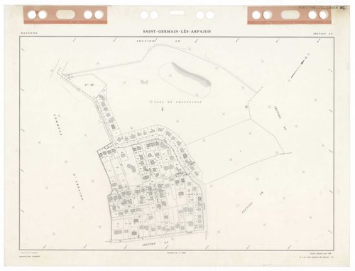 SAINT-GERMAIN-LES-ARPAJON, plans minutes de conservation : tableau d'assemblage,1986, Ech. 1/5000 ; plans des sections AA, AB, AC, AD, AE, AH, AI, AK, AL, AM, AN, AO, AP, AR, AS, AT, AV, AW, AX, AY, BA, BB, BC, BD, BE, 1986, Ech. 1/1000. Polyester. N et B
