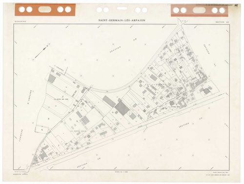 SAINT-GERMAIN-LES-ARPAJON, plans minutes de conservation : tableau d'assemblage,1986, Ech. 1/5000 ; plans des sections AA, AB, AC, AD, AE, AH, AI, AK, AL, AM, AN, AO, AP, AR, AS, AT, AV, AW, AX, AY, BA, BB, BC, BD, BE, 1986, Ech. 1/1000. Polyester. N et B