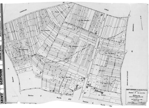 SAINT-GERMAIN-LES- ARPAJON. - Cadastre révisé pour 1942 : plan du tableau d'assemblage, plans de la section A la Folie 1ère feuille, idem 2ème feuille, idem 4ème feuille, section B le Village 1ère feuille, idem 2ème feuille, section C Fourcan 1ère feuille