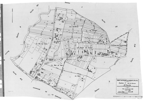 SAINT-GERMAIN-LES- ARPAJON. - Cadastre révisé pour 1942 : plan du tableau d'assemblage, plans de la section A la Folie 1ère feuille, idem 2ème feuille, idem 4ème feuille, section B le Village 1ère feuille, idem 2ème feuille, section C Fourcan 1ère feuille