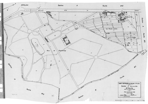 SAINT-GERMAIN-LES- ARPAJON. - Cadastre révisé pour 1942 : plan du tableau d'assemblage, plans de la section A la Folie 1ère feuille, idem 2ème feuille, idem 4ème feuille, section B le Village 1ère feuille, idem 2ème feuille, section C Fourcan 1ère feuille