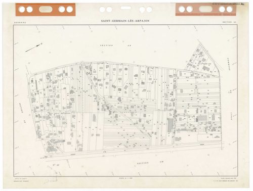 SAINT-GERMAIN-LES-ARPAJON, plans minutes de conservation : tableau d'assemblage,1986, Ech. 1/5000 ; plans des sections AA, AB, AC, AD, AE, AH, AI, AK, AL, AM, AN, AO, AP, AR, AS, AT, AV, AW, AX, AY, BA, BB, BC, BD, BE, 1986, Ech. 1/1000. Polyester. N et B
