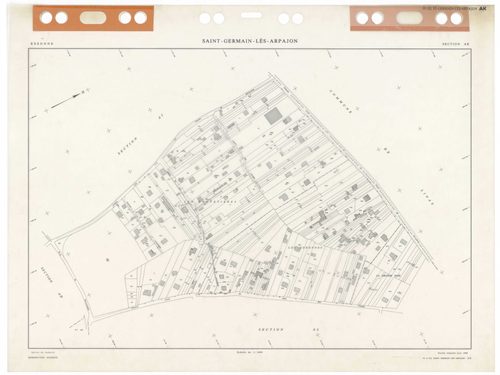 SAINT-GERMAIN-LES-ARPAJON, plans minutes de conservation : tableau d'assemblage,1986, Ech. 1/5000 ; plans des sections AA, AB, AC, AD, AE, AH, AI, AK, AL, AM, AN, AO, AP, AR, AS, AT, AV, AW, AX, AY, BA, BB, BC, BD, BE, 1986, Ech. 1/1000. Polyester. N et B