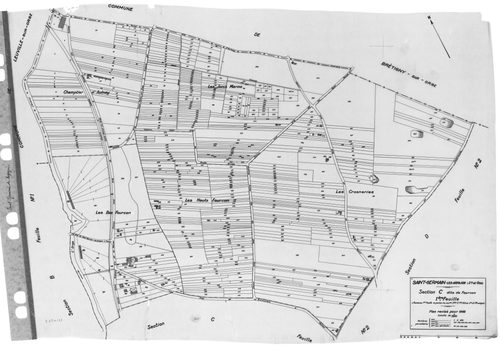 SAINT-GERMAIN-LES- ARPAJON. - Cadastre révisé pour 1942 : plan du tableau d'assemblage, plans de la section A la Folie 1ère feuille, idem 2ème feuille, idem 4ème feuille, section B le Village 1ère feuille, idem 2ème feuille, section C Fourcan 1ère feuille