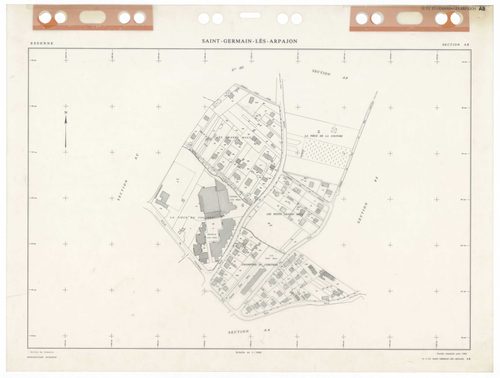 SAINT-GERMAIN-LES-ARPAJON, plans minutes de conservation : tableau d'assemblage,1986, Ech. 1/5000 ; plans des sections AA, AB, AC, AD, AE, AH, AI, AK, AL, AM, AN, AO, AP, AR, AS, AT, AV, AW, AX, AY, BA, BB, BC, BD, BE, 1986, Ech. 1/1000. Polyester. N et B