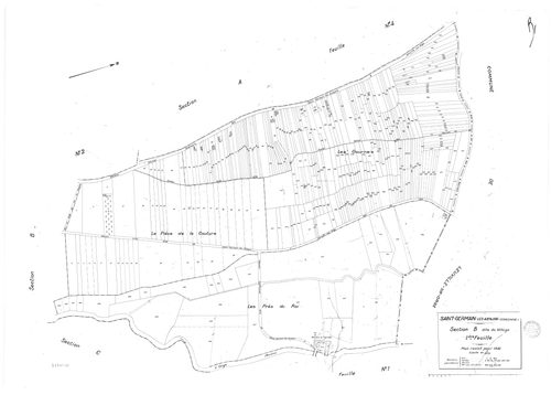 SAINT-GERMAIN-LES- ARPAJON. - Cadastre révisé pour 1942 : plan du tableau d'assemblage, plans de la section A la Folie 1ère feuille, idem 2ème feuille, idem 4ème feuille, section B le Village 1ère feuille, idem 2ème feuille, section C Fourcan 1ère feuille