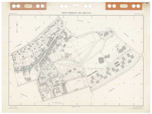 SAINT-GERMAIN-LES-ARPAJON, plans minutes de conservation : tableau d'assemblage,1986, Ech. 1/5000 ; plans des sections AA, AB, AC, AD, AE, AH, AI, AK, AL, AM, AN, AO, AP, AR, AS, AT, AV, AW, AX, AY, BA, BB, BC, BD, BE, 1986, Ech. 1/1000. Polyester. N et B