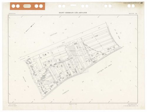SAINT-GERMAIN-LES-ARPAJON, plans minutes de conservation : tableau d'assemblage,1986, Ech. 1/5000 ; plans des sections AA, AB, AC, AD, AE, AH, AI, AK, AL, AM, AN, AO, AP, AR, AS, AT, AV, AW, AX, AY, BA, BB, BC, BD, BE, 1986, Ech. 1/1000. Polyester. N et B