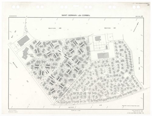 SAINT-GERMAIN-LES-CORBEIL, plans minutes de conservation : tableau d'assemblage,1938, Ech. 1/5000 ; plans des sections A2, B1, 1938, Ech. 1/2500, section B2, 1938, Ech. 1/1250, sections AB, AC, AD, AE, 1978, Ech. 1/1000, section ZA, 1988, Ech. 1/2000, sec
