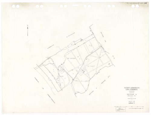 SAINT-GERMAIN-LES-CORBEIL, plans minutes de conservation : tableau d'assemblage,1938, Ech. 1/5000 ; plans des sections A2, B1, 1938, Ech. 1/2500, section B2, 1938, Ech. 1/1250, sections AB, AC, AD, AE, 1978, Ech. 1/1000, section ZA, 1988, Ech. 1/2000, sec