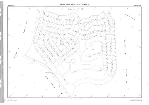 SAINT-GERMAIN-LES-CORBEIL. - Cadastre révisé pour 1938 : plan du tableau d'assemblage, plans de la section A Tremblay et Gravois 1ère feuille, idem 2ème , section B le Vieux Marché et les Près Hauts 1ère feuille, idem 2ème feuille ; cadastre renouvelé pou