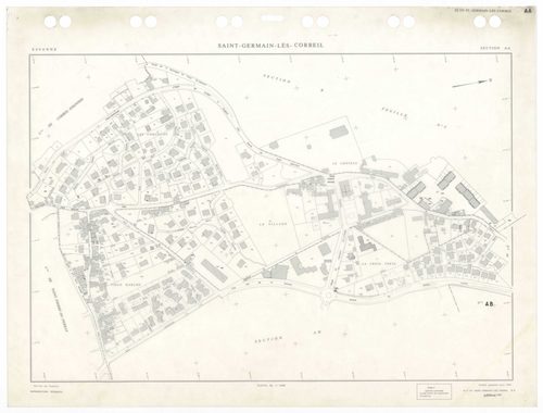 SAINT-GERMAIN-LES-CORBEIL, plans minutes de conservation : tableau d'assemblage,1938, Ech. 1/5000 ; plans des sections A2, B1, 1938, Ech. 1/2500, section B2, 1938, Ech. 1/1250, sections AB, AC, AD, AE, 1978, Ech. 1/1000, section ZA, 1988, Ech. 1/2000, sec